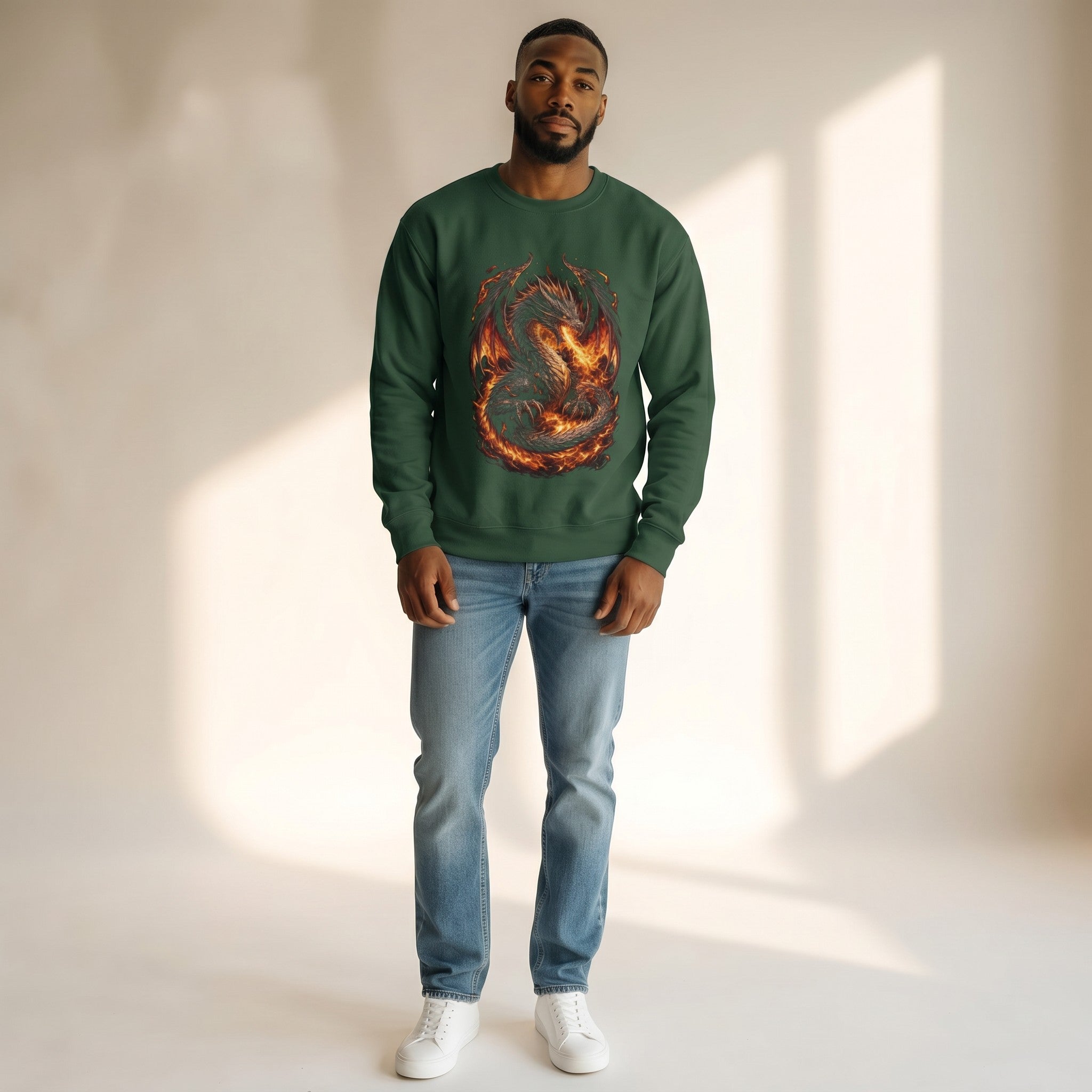 VVID - Fire Dragon Guardian sweatshirt in deep green, featuring a detailed dragon surrounded by flames. Premium heavyweight cotton blend.