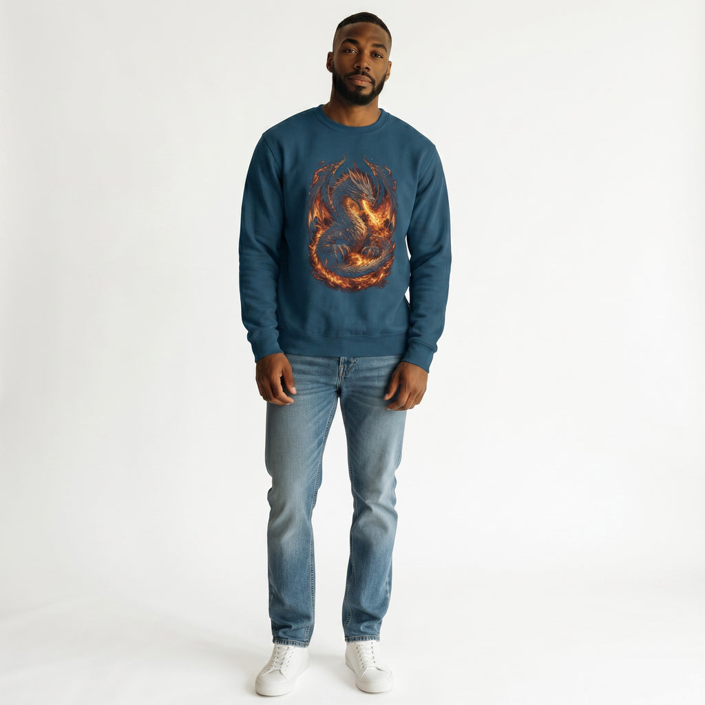VVID - Fire Dragon Guardian sweatshirt in deep teal, featuring a detailed dragon surrounded by flames. Premium heavyweight cotton blend.