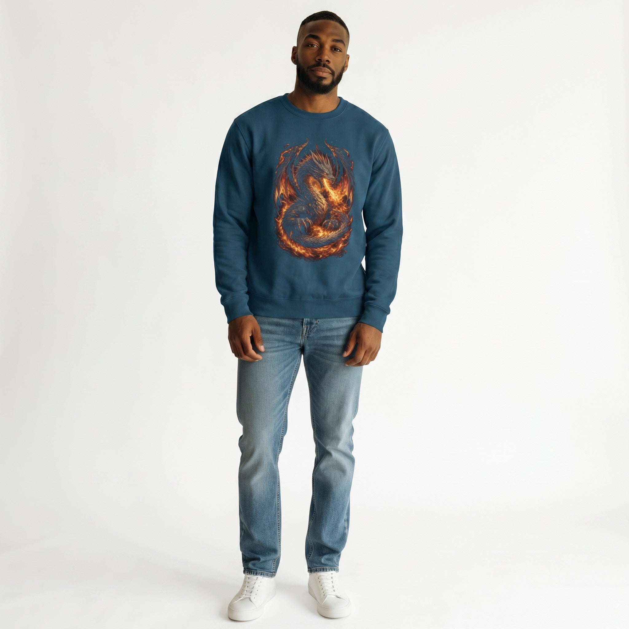 VVID - Fire Dragon Guardian sweatshirt in deep teal, featuring a detailed dragon surrounded by flames. Premium heavyweight cotton blend.