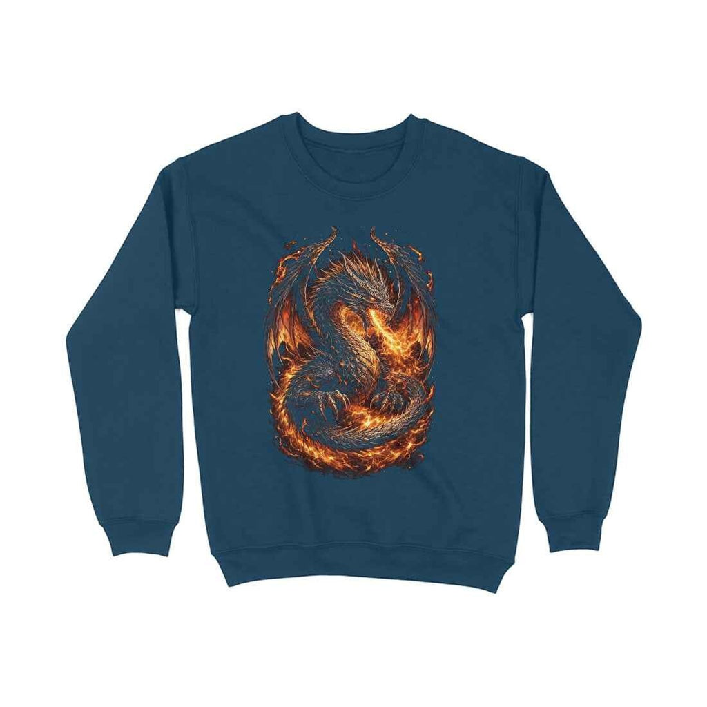 VVID - Fire Dragon Guardian sweatshirt in deep teal, featuring a detailed dragon surrounded by flames. Premium heavyweight cotton blend.