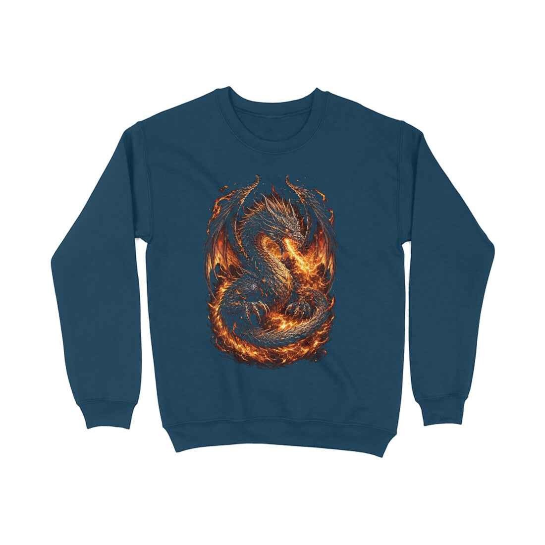 VVID - Fire Dragon Guardian sweatshirt in deep teal, featuring a detailed dragon surrounded by flames. Premium heavyweight cotton blend.