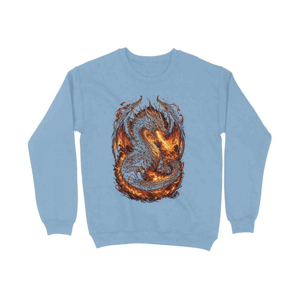 VVID - Light blue crewneck sweatshirt with a detailed graphic of a white and grey dragon breathing fire, surrounded by flames.