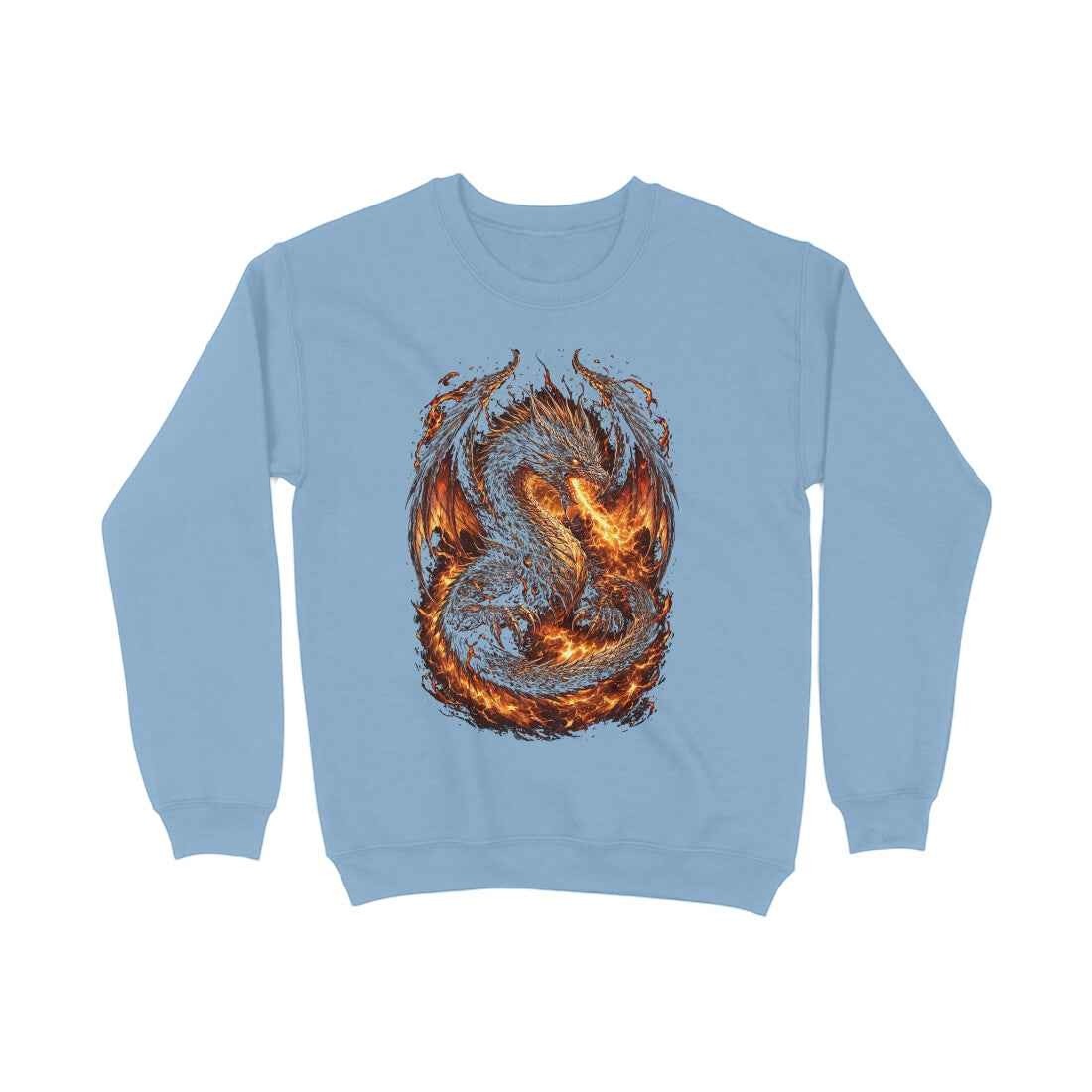 VVID - Light blue crewneck sweatshirt with a detailed graphic of a white and grey dragon breathing fire, surrounded by flames.