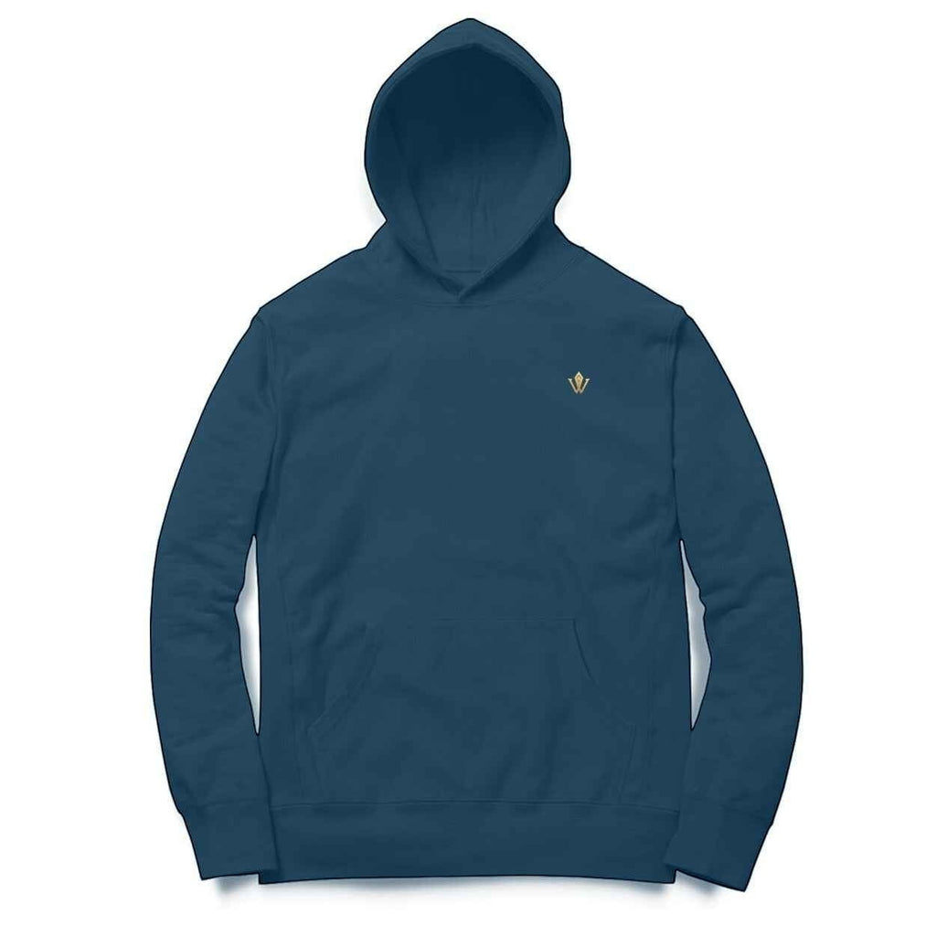 VVID - Indian Artisan Luxury Fashion House blue cotton-blend hoodie with gold Nataraja line art detail on chest.