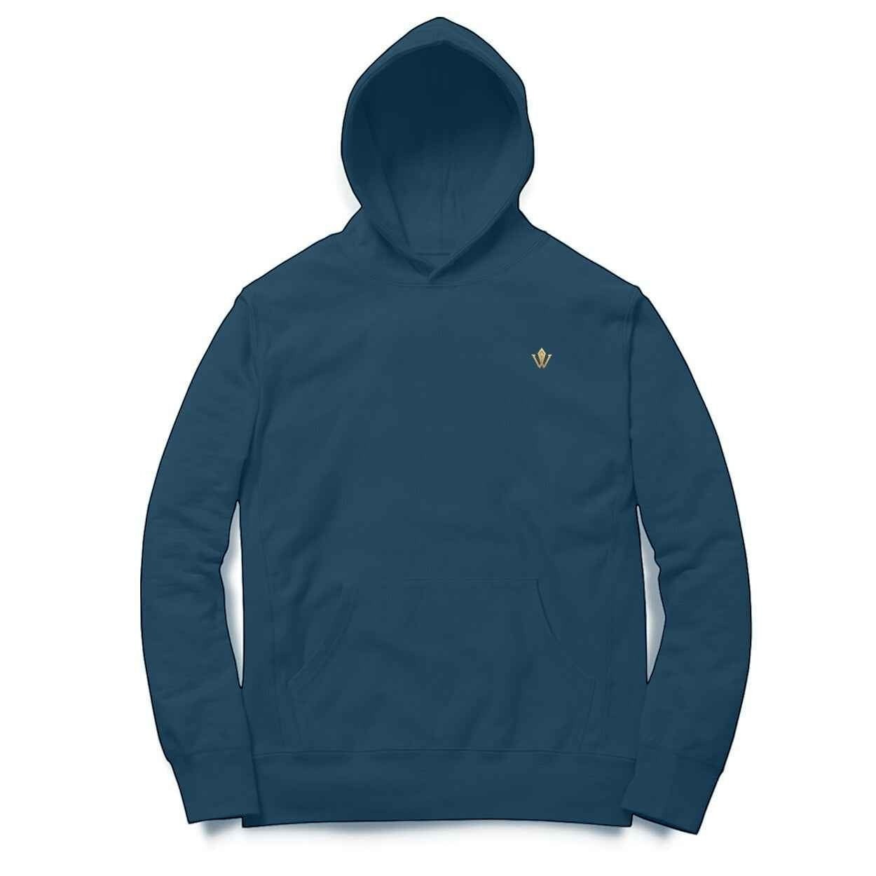 VVID - Indian Artisan Luxury Fashion House blue cotton-blend hoodie with gold Nataraja line art detail on chest.