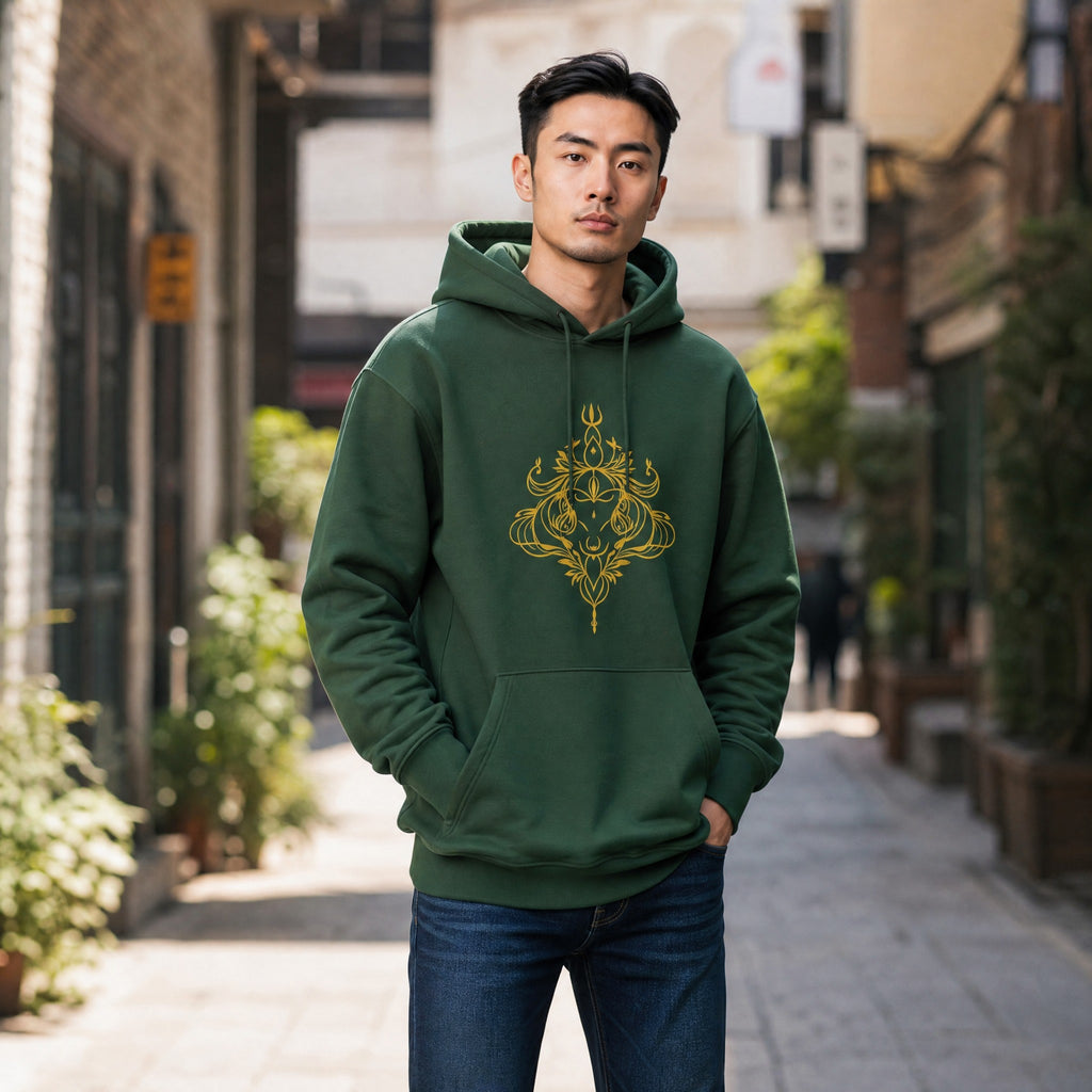 VVID - Indian Artisan Luxury Fashion House dark green cotton hoodie with gold Sacred Crest emblem on back. Unisex, regular fit, heavyweight fabric.