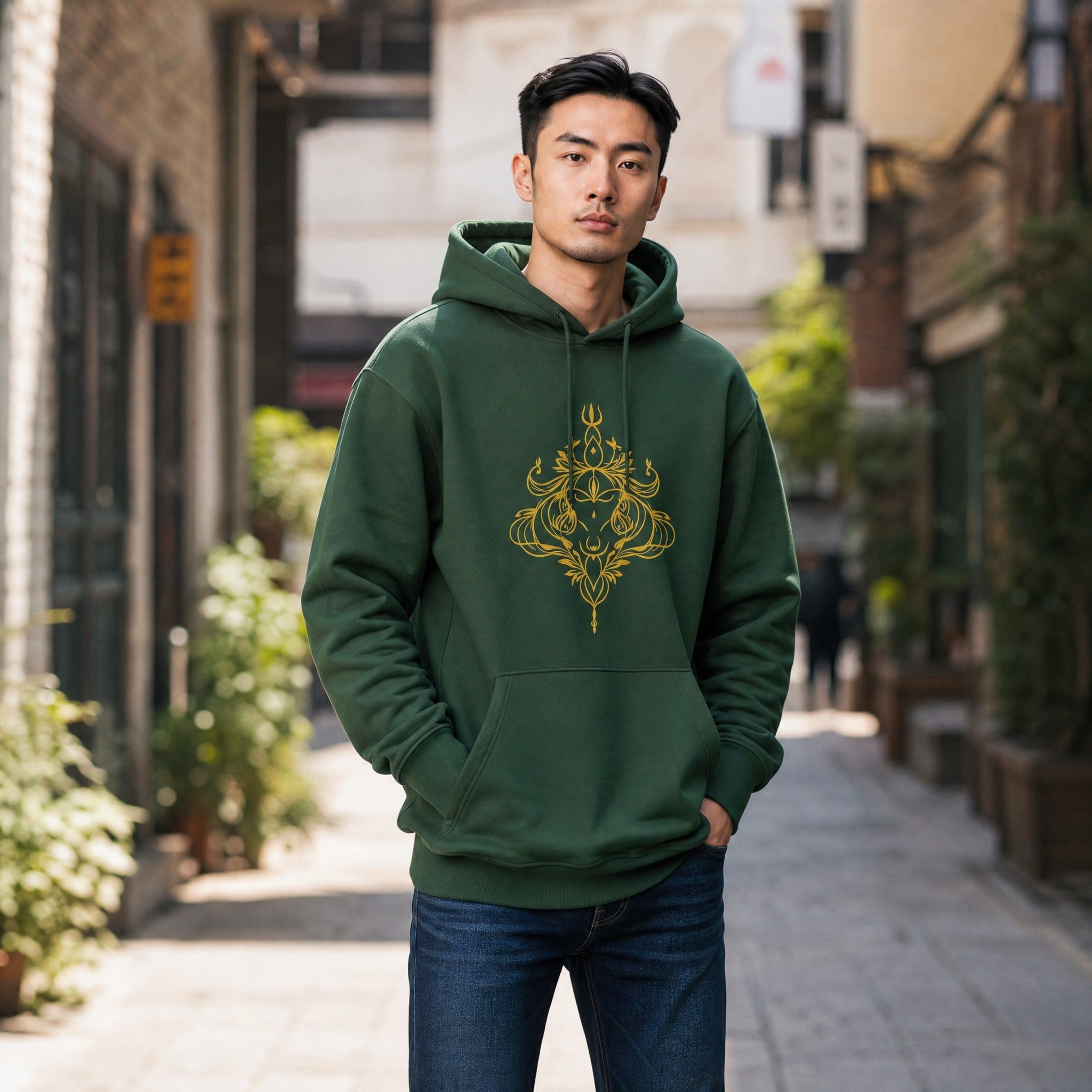 VVID - Indian Artisan Luxury Fashion House dark green cotton hoodie with gold Sacred Crest emblem on back. Unisex, regular fit, heavyweight fabric.