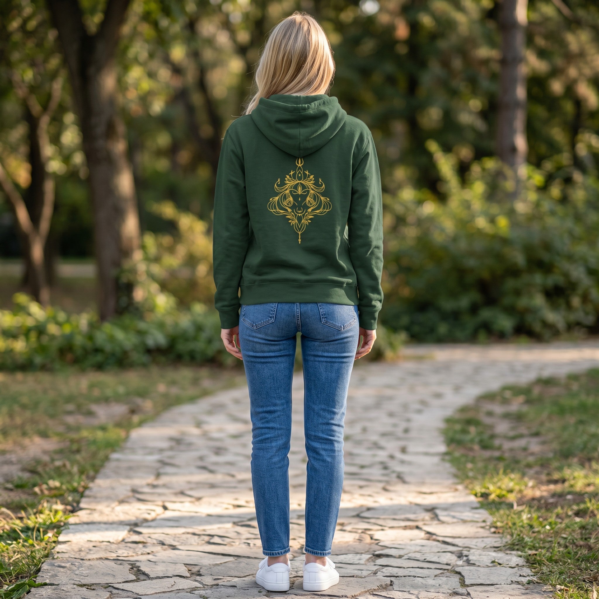VVID - Indian Artisan Luxury Fashion House dark green cotton hoodie with gold Sacred Crest emblem on back.
