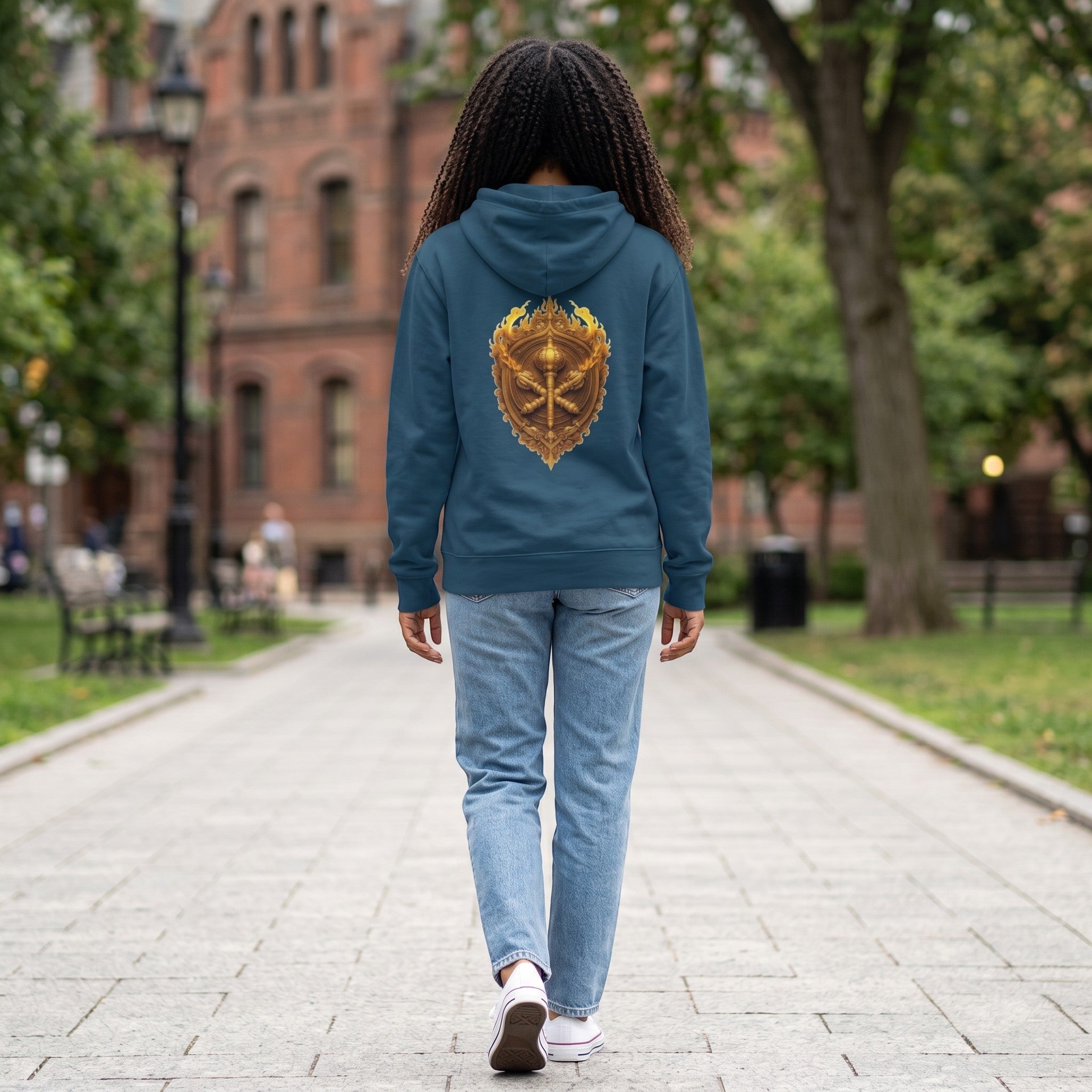 VVID Essentials Hanuman Vajra Guardian Hoodie in teal blue, featuring a gold graphic print on the back. A young woman wears it with jeans.