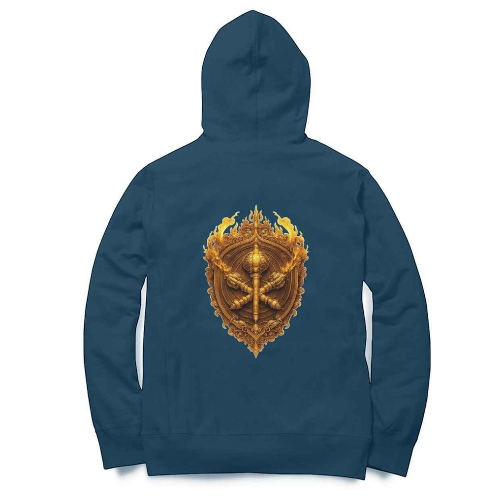 VVID - Indian Artisan Luxury Fashion House blue cotton blend hoodie with golden Hanuman Vajra emblem on back.