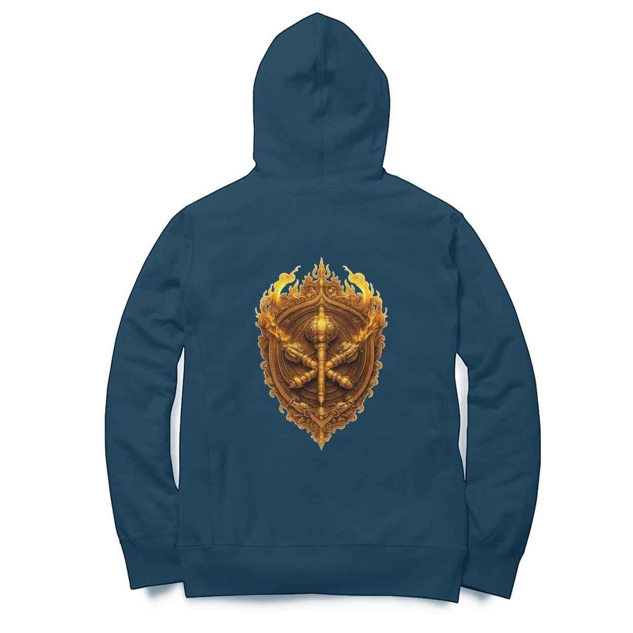 VVID - Indian Artisan Luxury Fashion House blue cotton blend hoodie with golden Hanuman Vajra emblem on back.