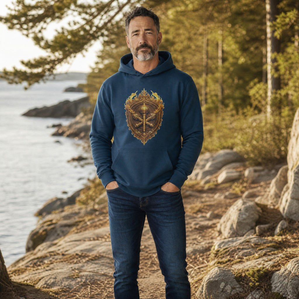 VVID - Indian Artisan Luxury Fashion House navy blue cotton-polyester blend hoodie with gold Hanuman Vajra emblem on back.