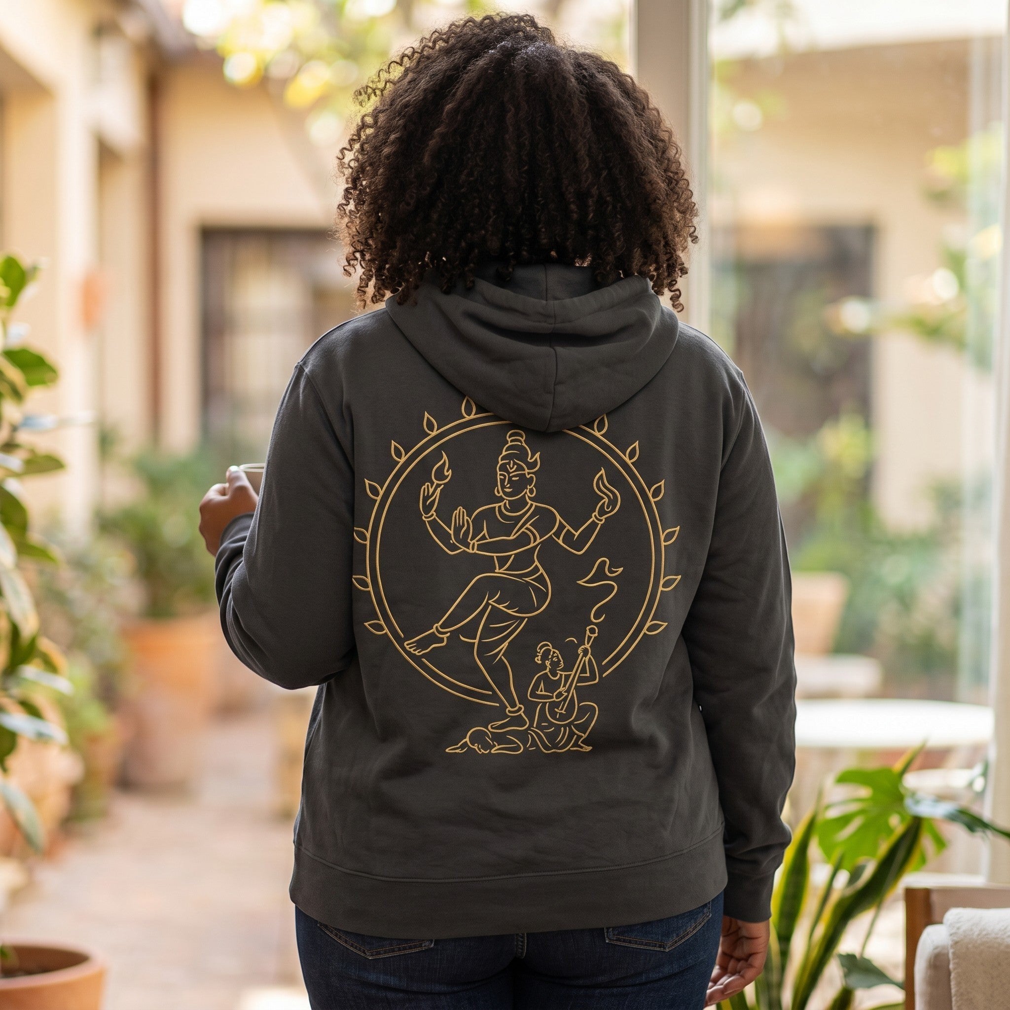 VVID - Indian Artisan Luxury Fashion House dark grey cotton-blend hoodie with gold line art of Nataraja and Tamil heritage design.