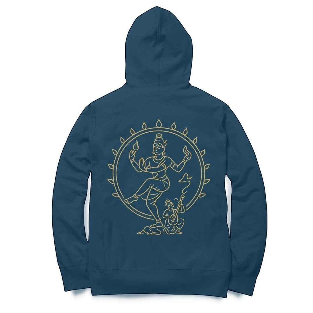 VVID - Indian Artisan Luxury Fashion House navy blue cotton blend hoodie with gold line art of Nataraja and a musician.