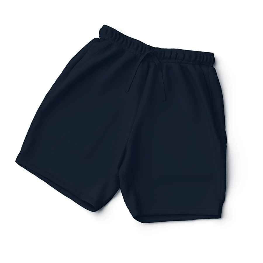 VVID ESSENTIAL navy blue cotton shorts with drawstring waist and pockets.