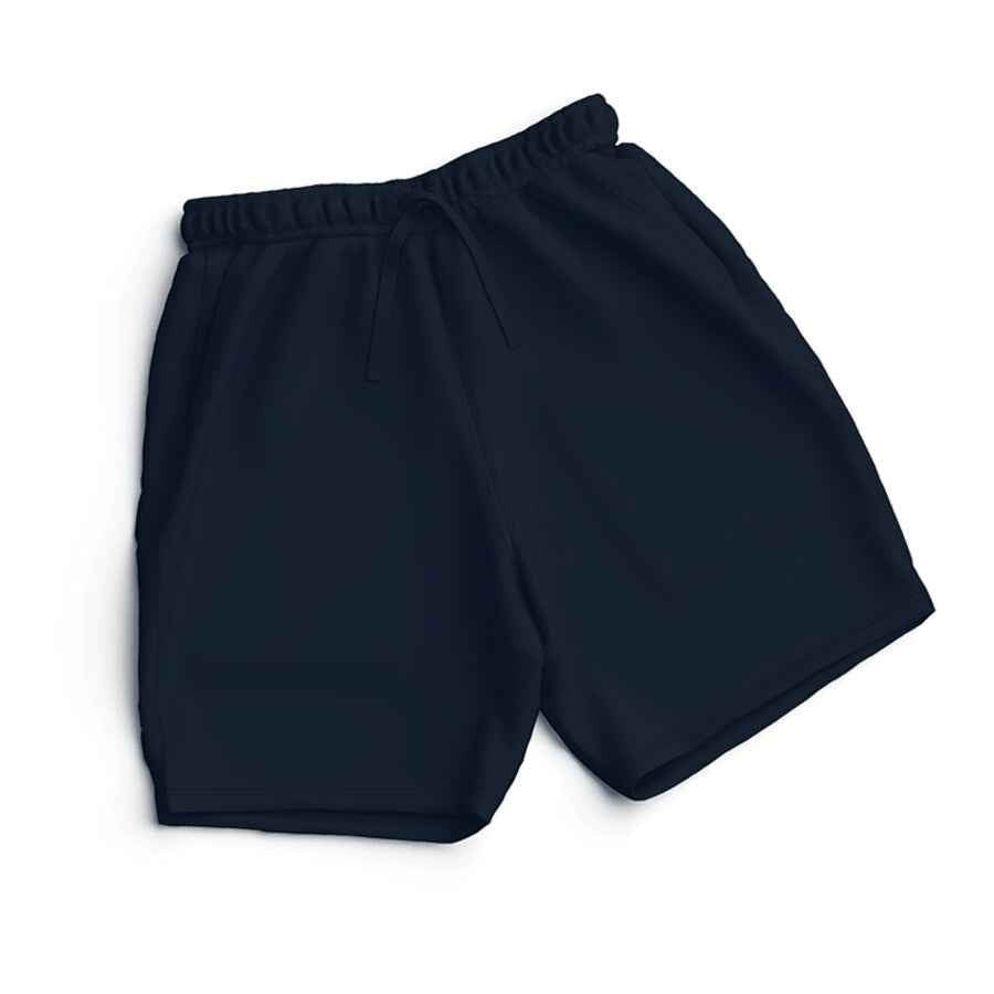 VVID - Indian Artisan Luxury Fashion House navy blue essential shorts with drawstring waist and pockets.