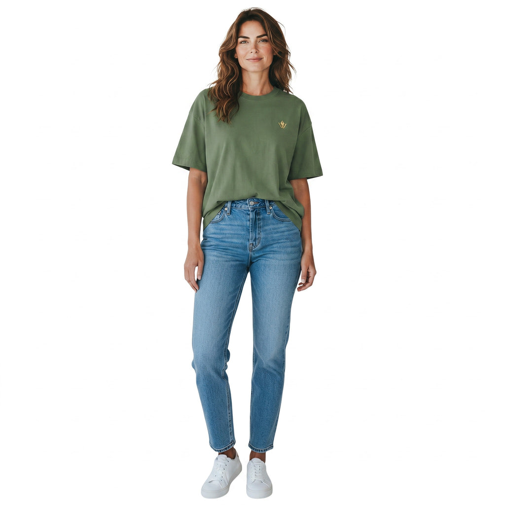 VVID - Indian Artisan Luxury Fashion House olive green oversized t-shirt with embroidered gold logo on chest.