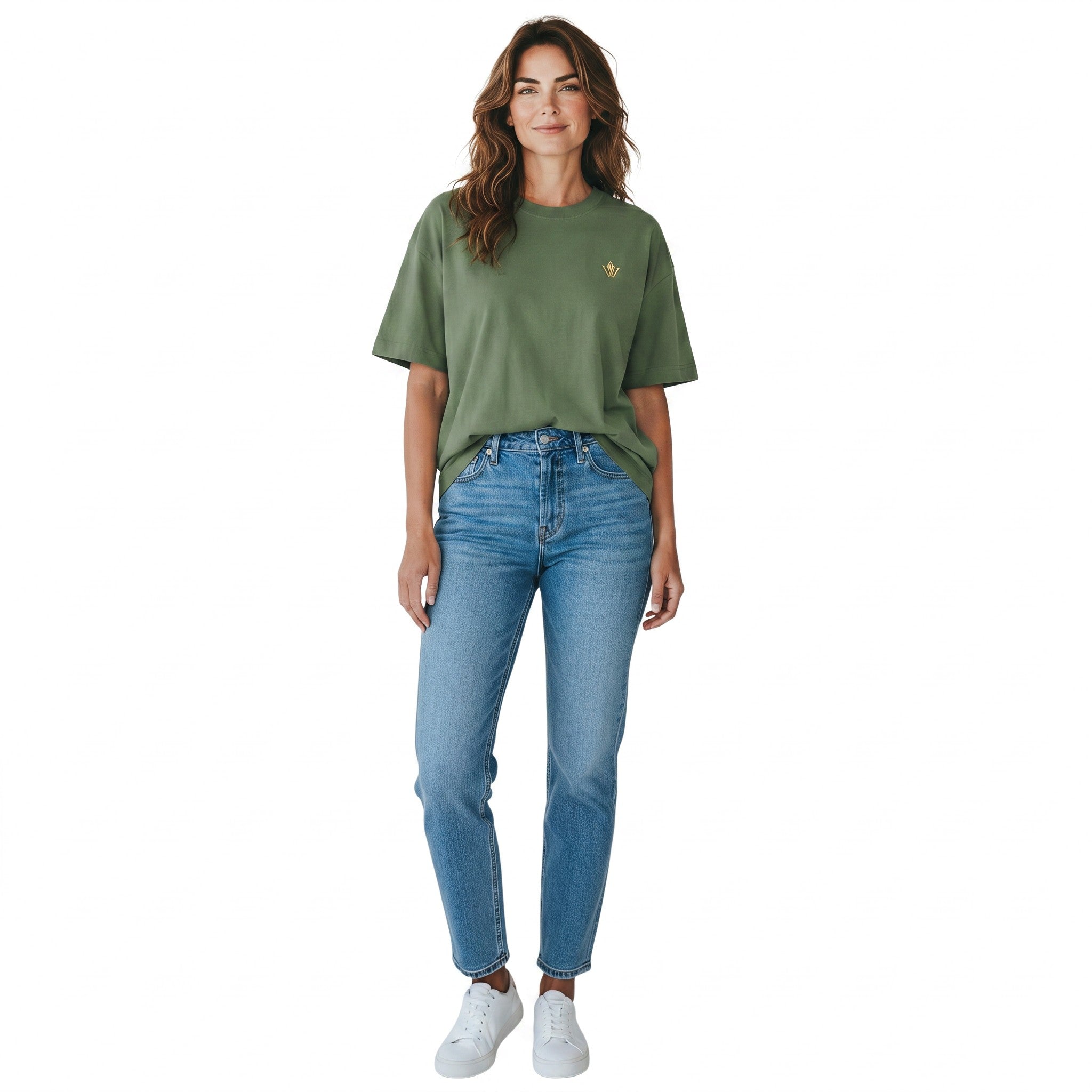 VVID - Indian Artisan Luxury Fashion House olive green oversized t-shirt with embroidered gold logo on chest.