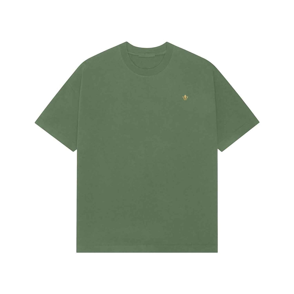 VVID - Indian Artisan Luxury Fashion House olive green oversized t-shirt with embroidered gold logo on chest.