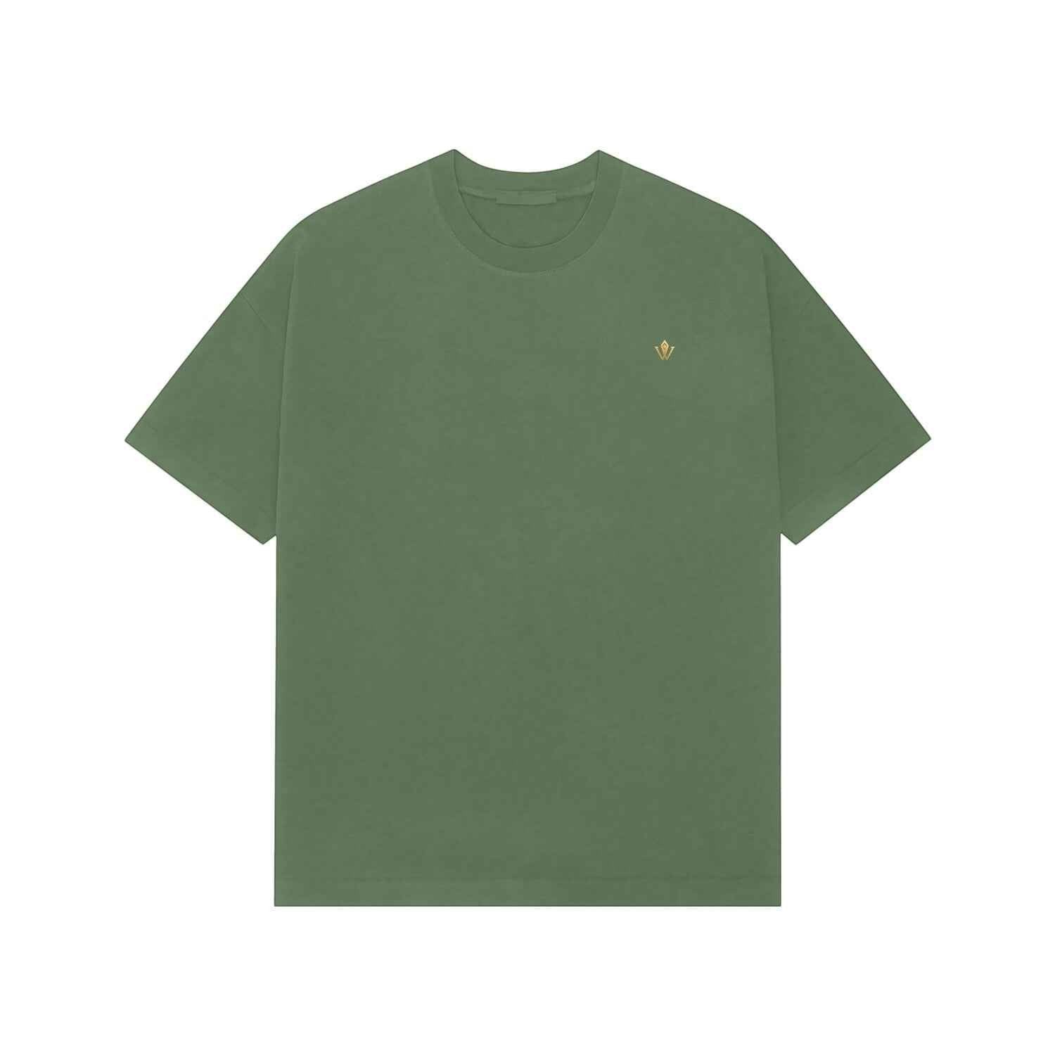 VVID - Indian Artisan Luxury Fashion House olive green oversized t-shirt with embroidered gold logo on chest.