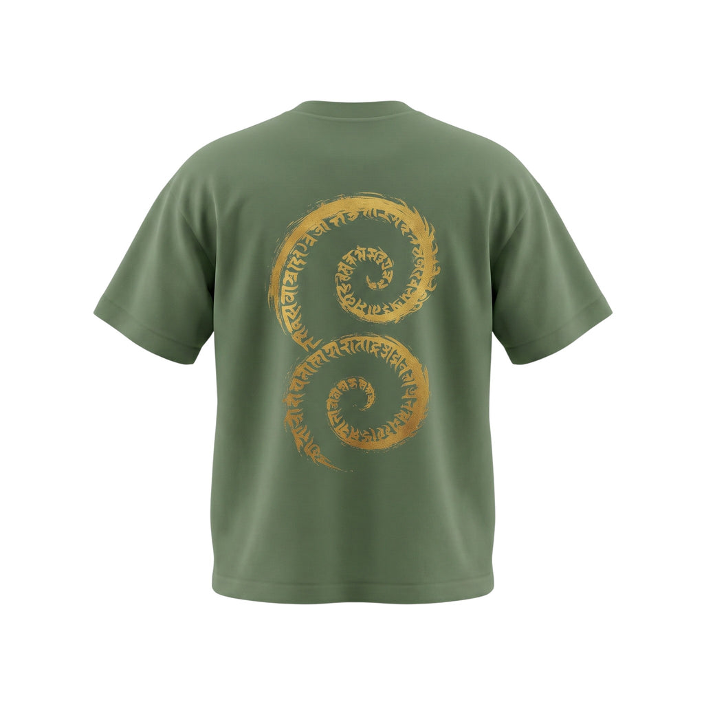 VVID - Indian Artisan Luxury Fashion House oversized green t-shirt with gold 'Breath of The Universe' spiral design.