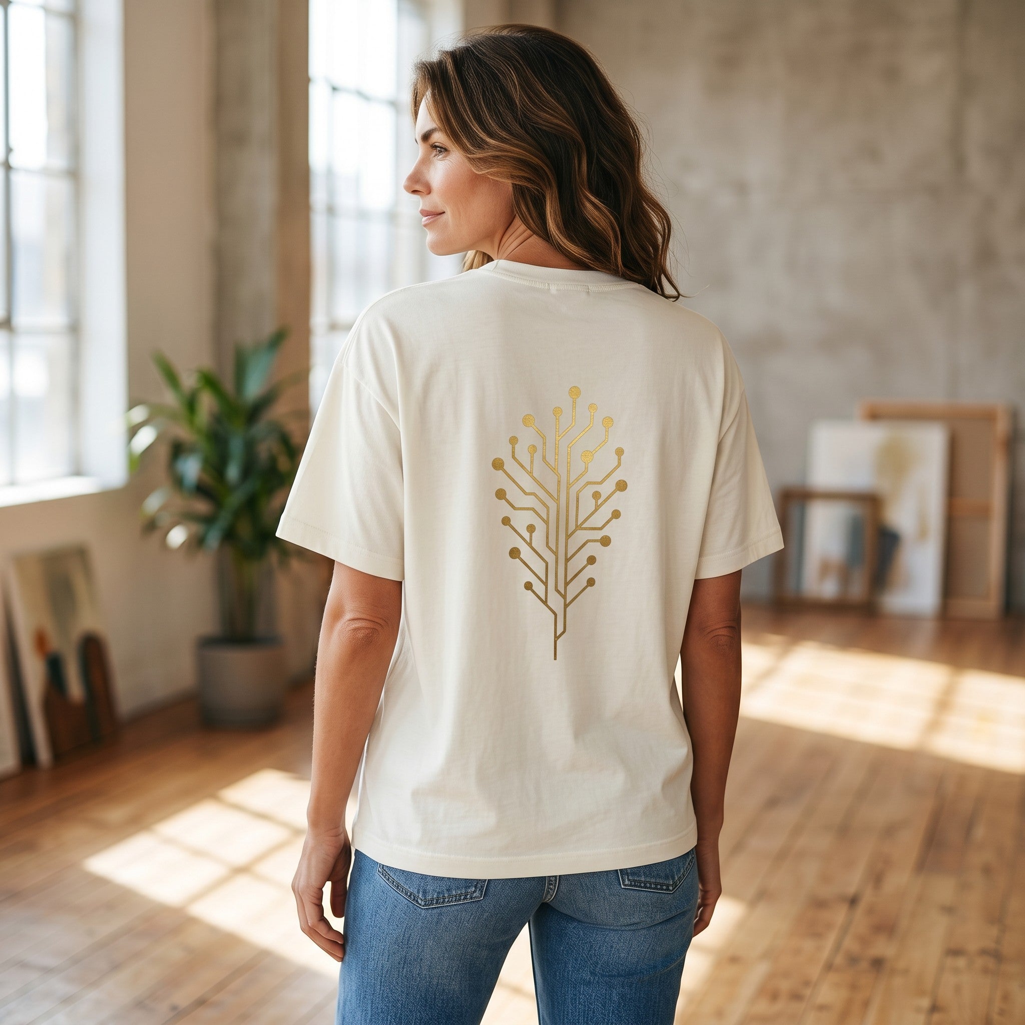 VVID - Indian Artisan Luxury Fashion House cream oversized t-shirt with a gold circuit board tree graphic on the back.