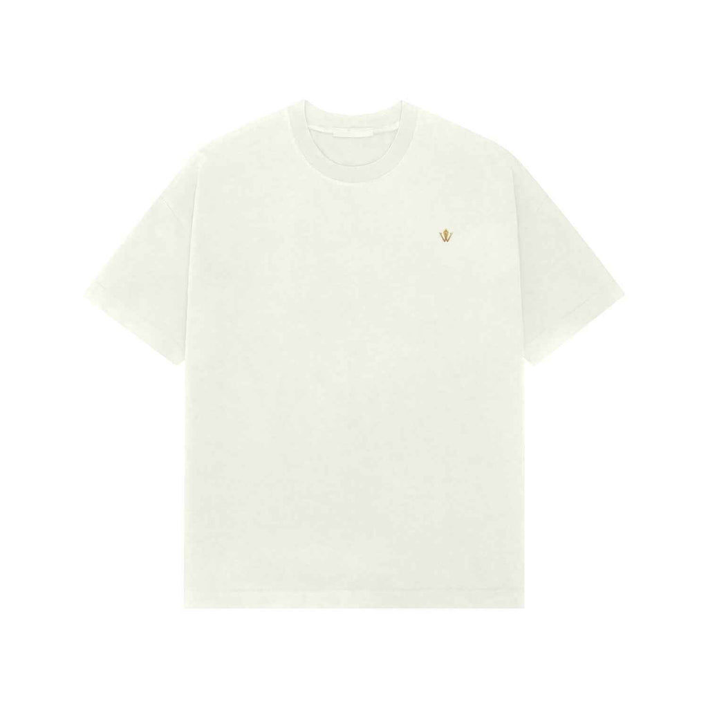VVID - Indian Artisan Luxury Fashion House oversized t-shirt in cream with gold embroidered logo on chest. Soft, breathable fabric.