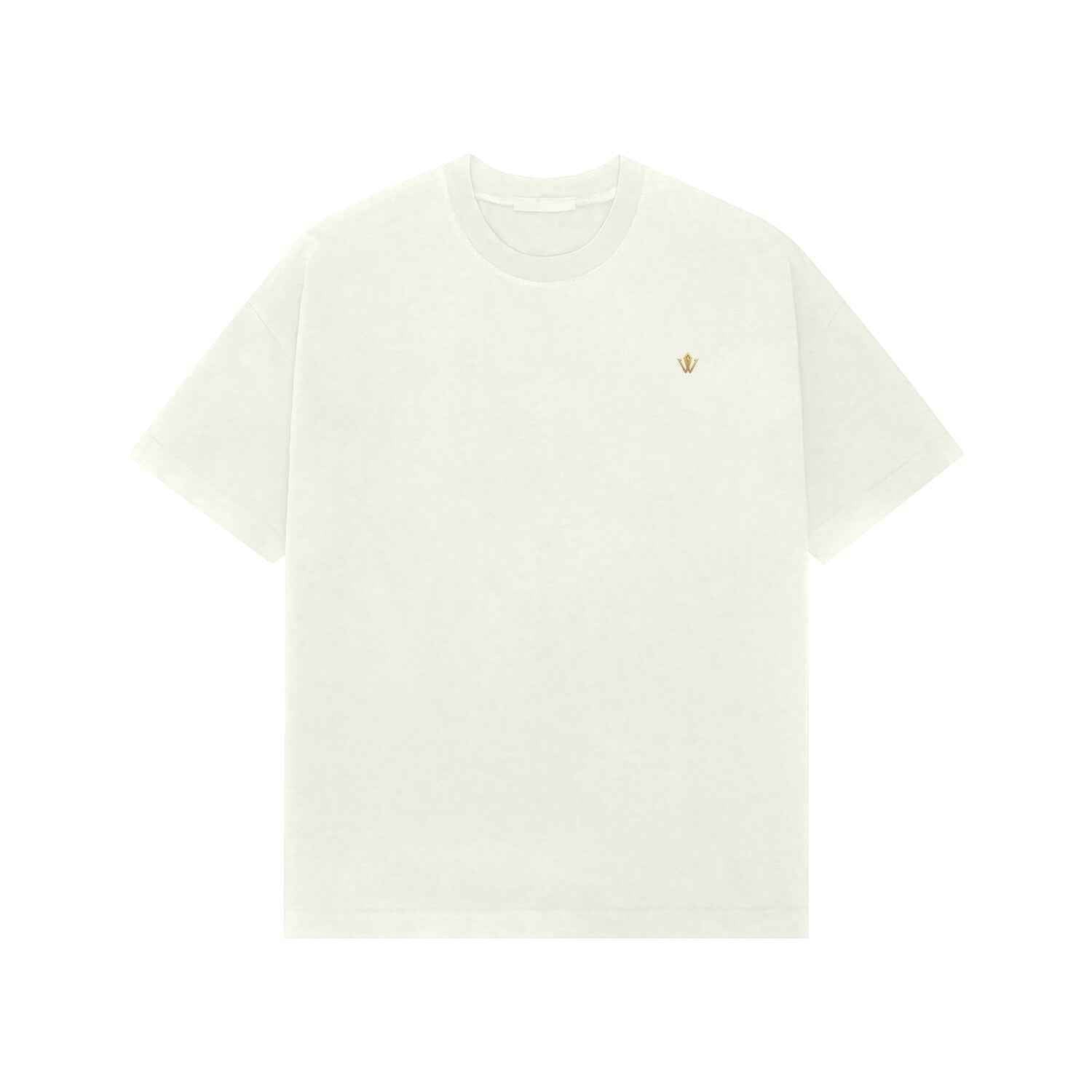 VVID - Indian Artisan Luxury Fashion House oversized t-shirt in cream with gold embroidered logo on chest. Soft, breathable fabric.