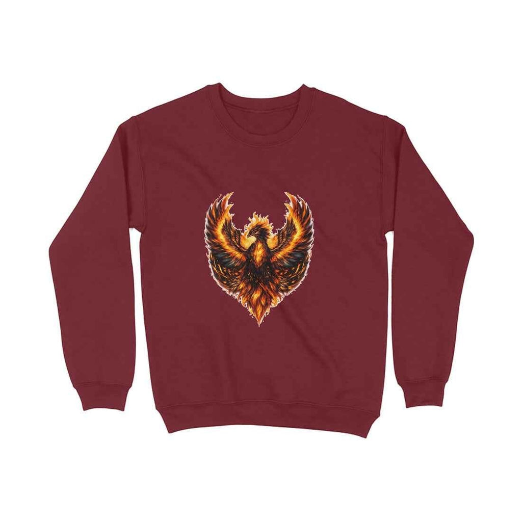 VVID - Indian Artisan Luxury Fashion House maroon cotton-blend sweatshirt with a fiery phoenix graphic print on the chest.