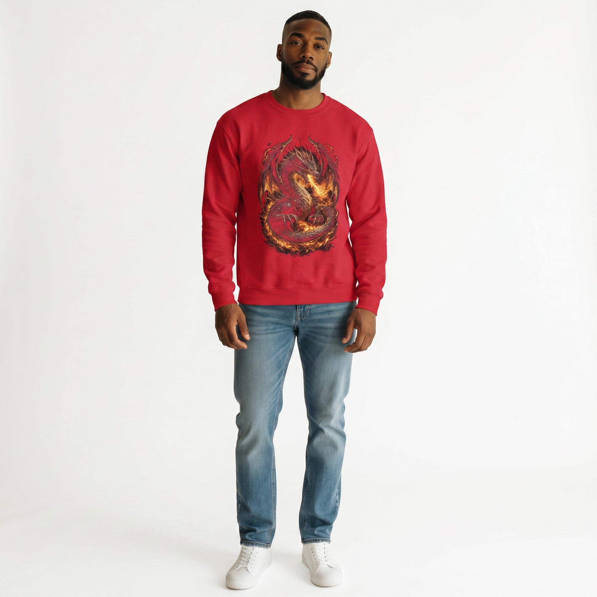 VVID - Indian Artisan Luxury Fashion House red crewneck sweatshirt with a detailed fire dragon graphic. Premium heavyweight cotton.