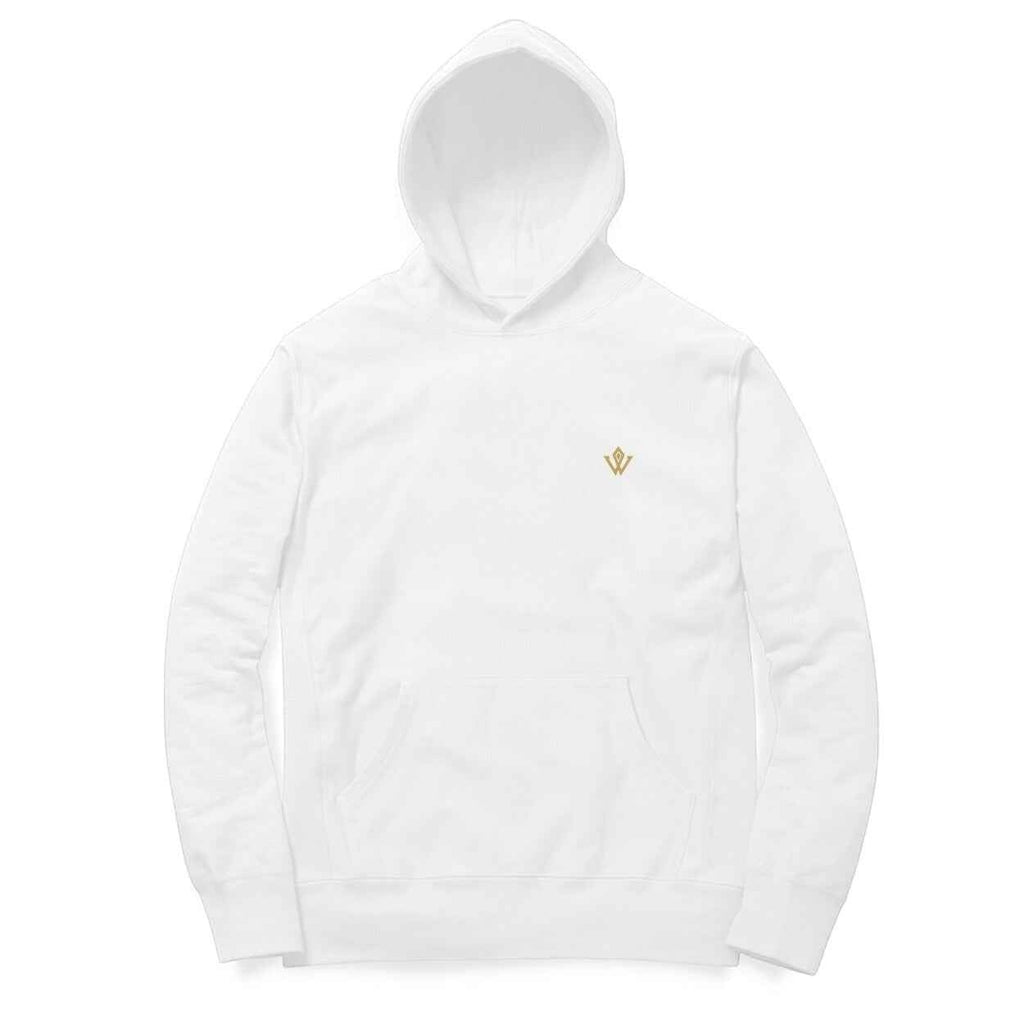 VVID - Indian Artisan Luxury Fashion House white cotton-polyester blend hoodie with gold Hanuman Vajra emblem on chest.