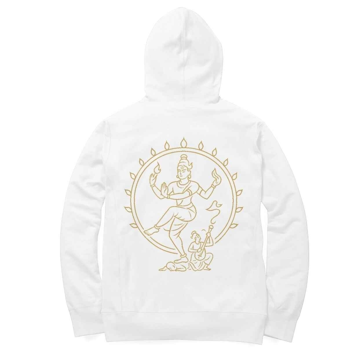 VVID - Indian Artisan Luxury Fashion House white cotton-blend hoodie with gold line art of Nataraja inspired by Tamil Nadu heritage.