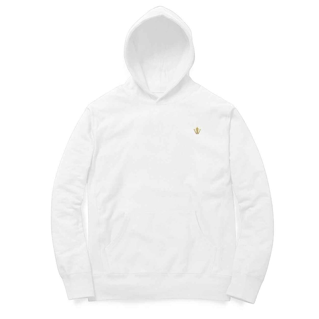 VVID - Indian Artisan Luxury Fashion House white cotton-blend hoodie with gold Nataraja line art logo on chest.