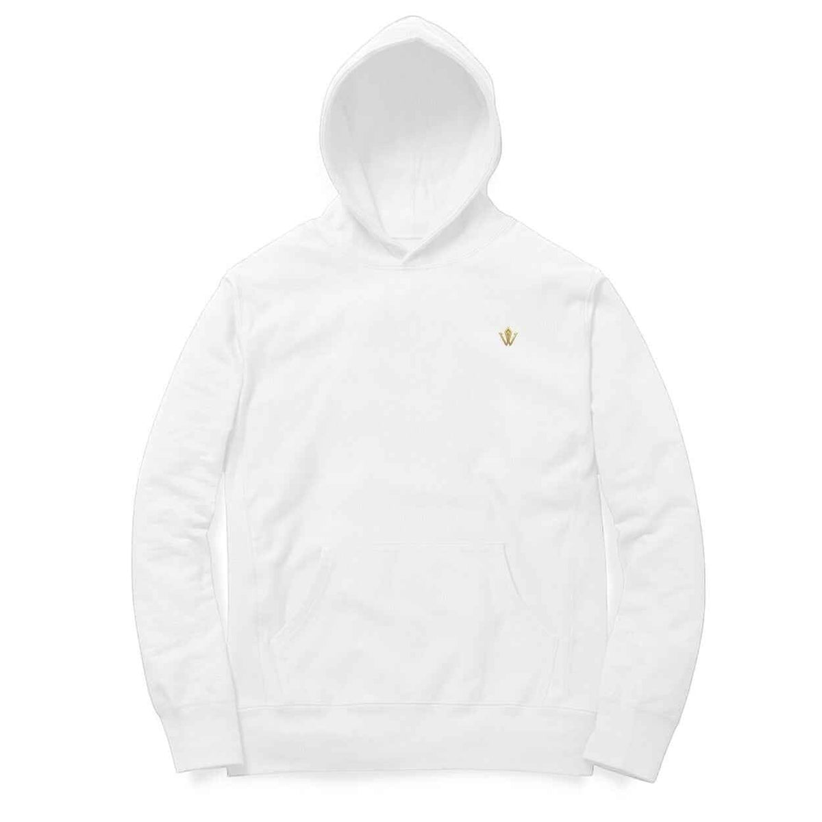VVID - Indian Artisan Luxury Fashion House white cotton-blend hoodie with gold Nataraja line art logo on chest.