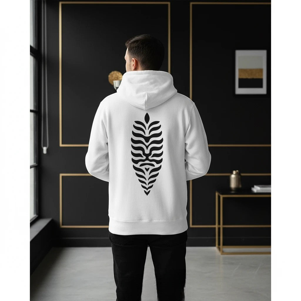 VVID - Indian Artisan Luxury Fashion House white cotton hoodie with black abstract tiger spine graphic on back. Oversized fit.