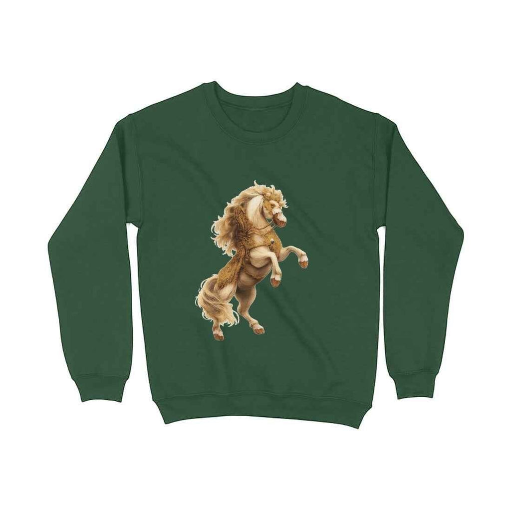 VVID - Kalki Guardian green crewneck sweatshirt with a golden celestial horse graphic. 100% cotton.