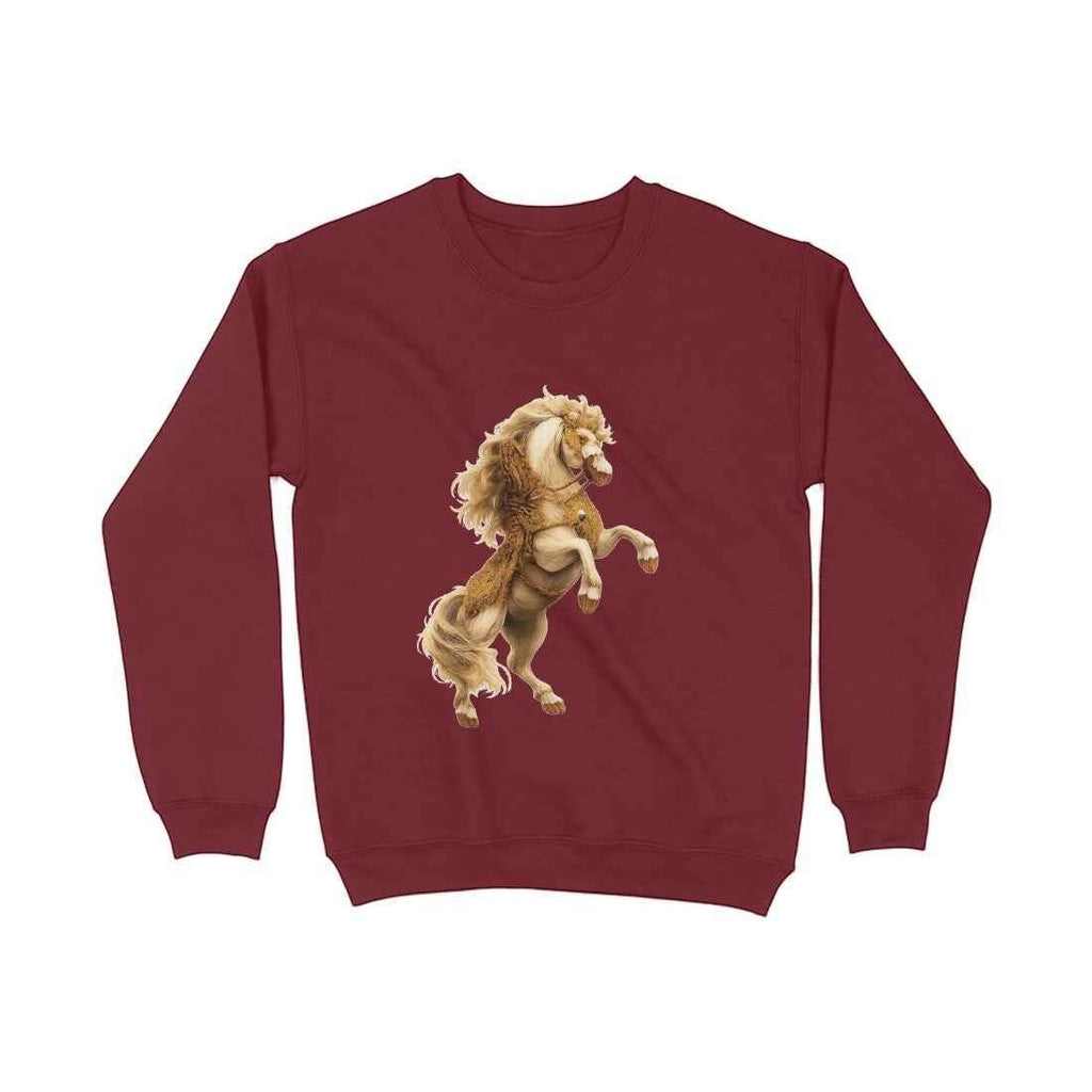 VVID - Kalki Guardian sweatshirt in maroon cotton with a golden celestial horse graphic. Unisex fit.