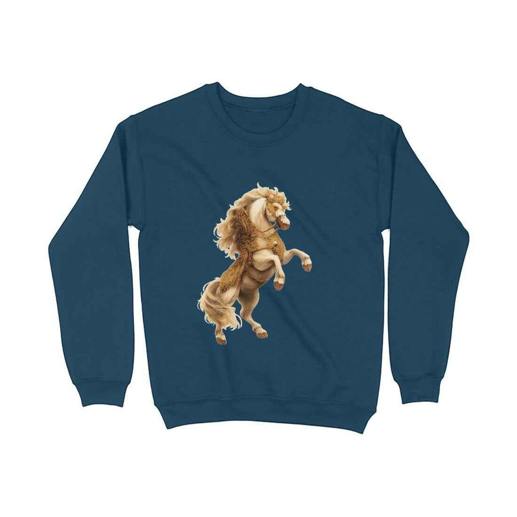 VVID - Kalki Guardian Sweatshirt in navy blue, featuring a golden celestial horse graphic. Made from 100% combed cotton.