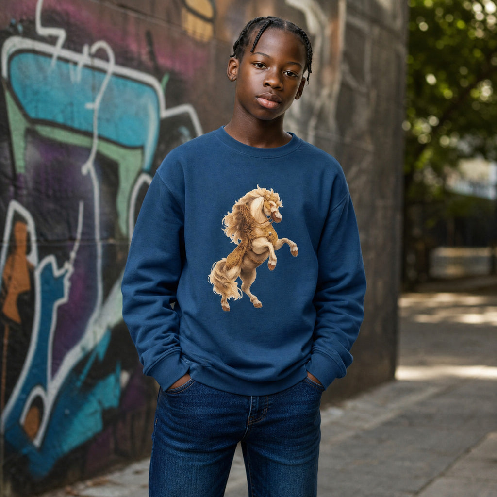 VVID - Kalki Guardian Sweatshirt in deep teal, featuring a golden celestial horse graphic. Made from 100% combed cotton.