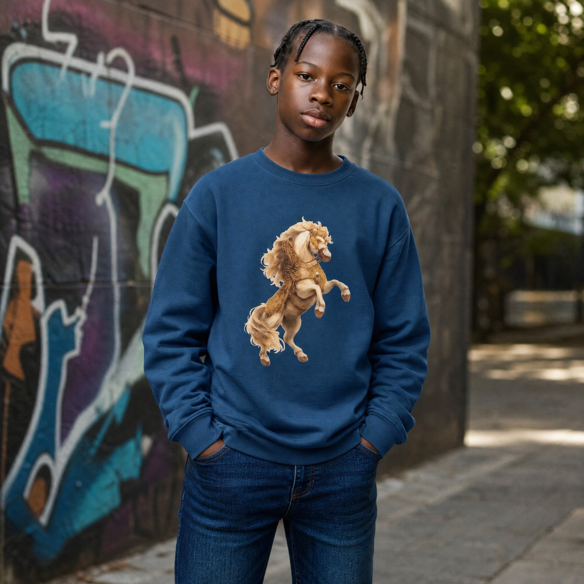 VVID - Kalki Guardian Sweatshirt in deep teal, featuring a golden celestial horse graphic. Made from 100% combed cotton.