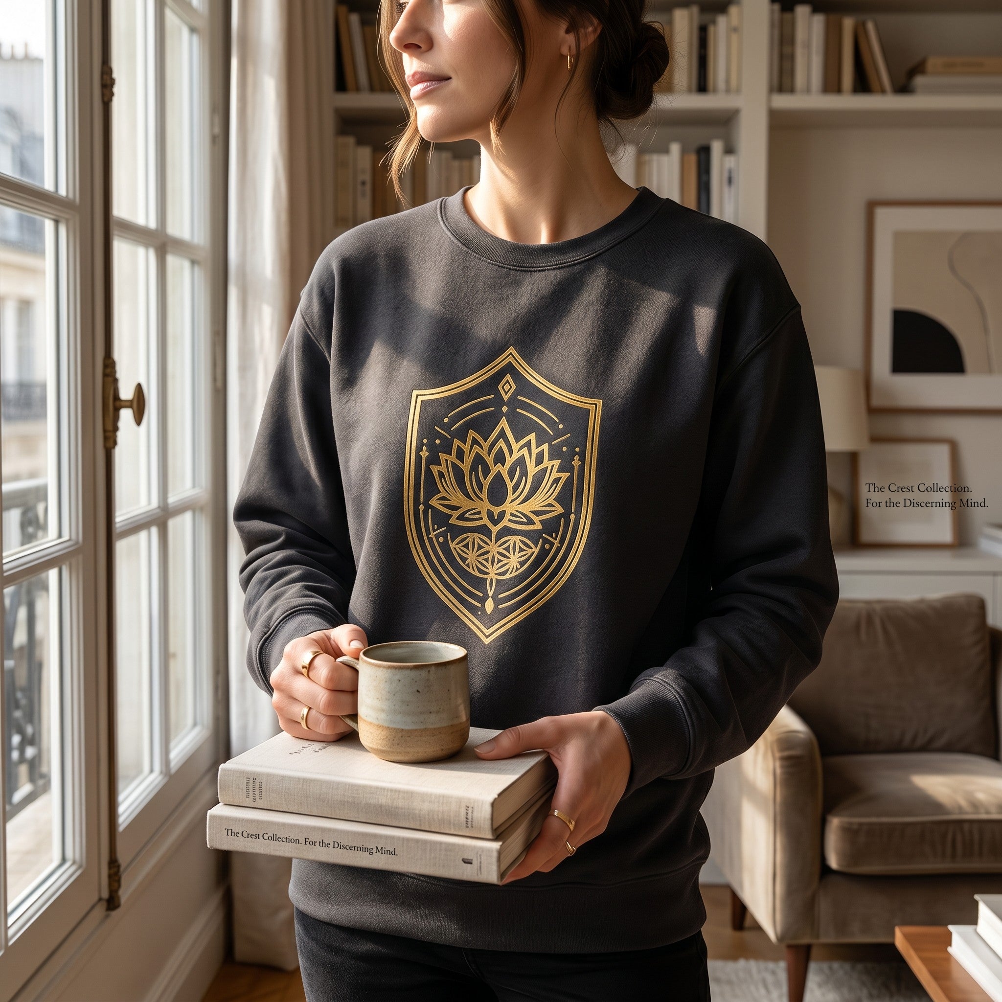 VVID - Lotus Crest Gold Sweatshirt, a unisex crewneck made from heavyweight cotton blend with gold sacred geometry lotus and shield print.