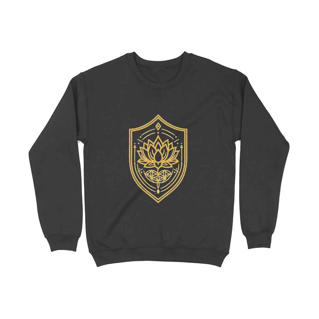 VVID - Lotus Crest Gold Sweatshirt, black cotton blend with gold lotus and shield graphic. Unisex, heavyweight, modern minimal style.