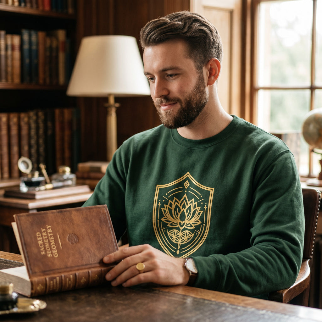 VVID - Lotus Crest Gold Sweatshirt in deep green cotton blend with gold sacred geometry lotus design.