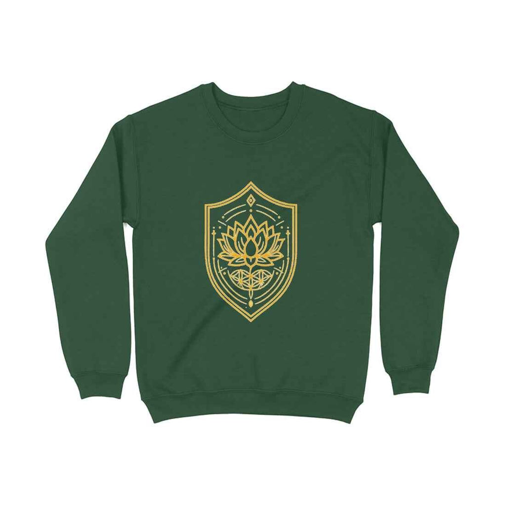 VVID - Lotus Crest Gold Sweatshirt in deep green, featuring a gold lotus and shield graphic. Made from premium cotton blend.