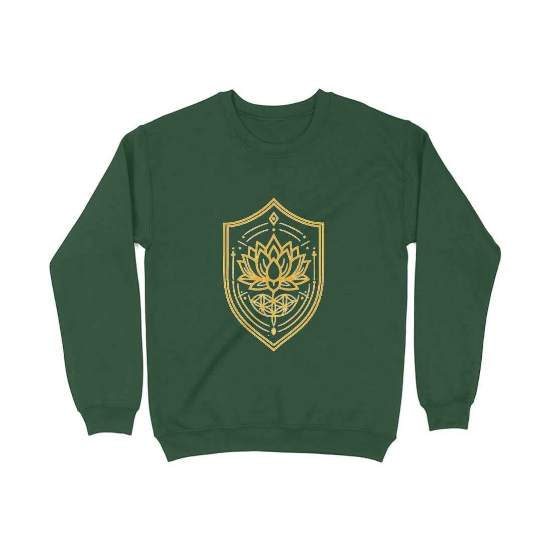 VVID - Lotus Crest Gold Sweatshirt in deep green, featuring a gold lotus and shield graphic. Made from premium cotton blend.