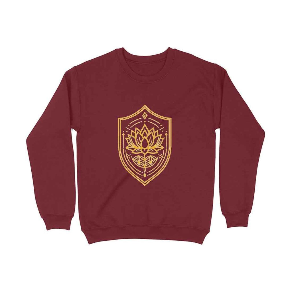 VVID - Lotus Crest Gold Sweatshirt in maroon cotton blend with gold sacred geometry lotus design.