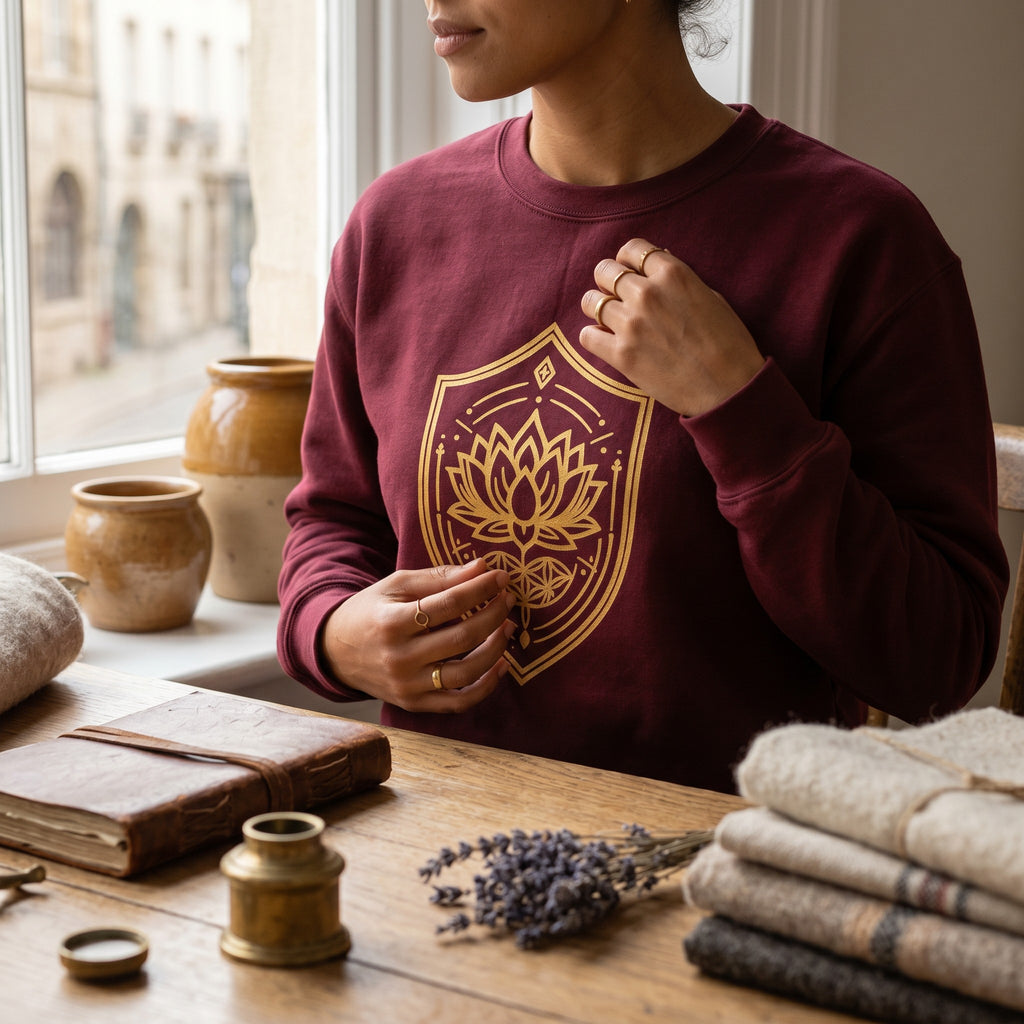 VVID - Lotus Crest Gold Sweatshirt in maroon, featuring a gold lotus crest design on a heavyweight cotton blend.