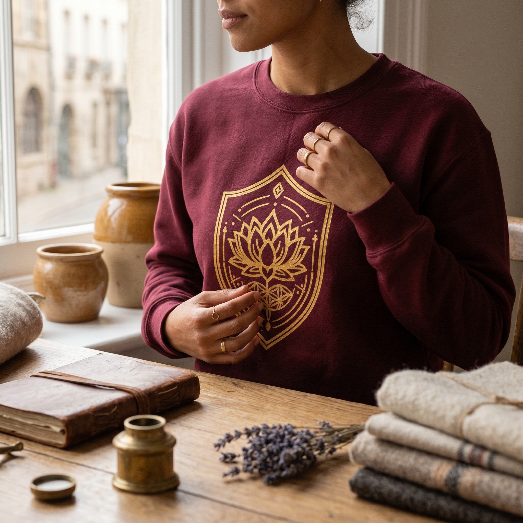 VVID - Lotus Crest Gold Sweatshirt in maroon, featuring a gold lotus crest design on a heavyweight cotton blend.