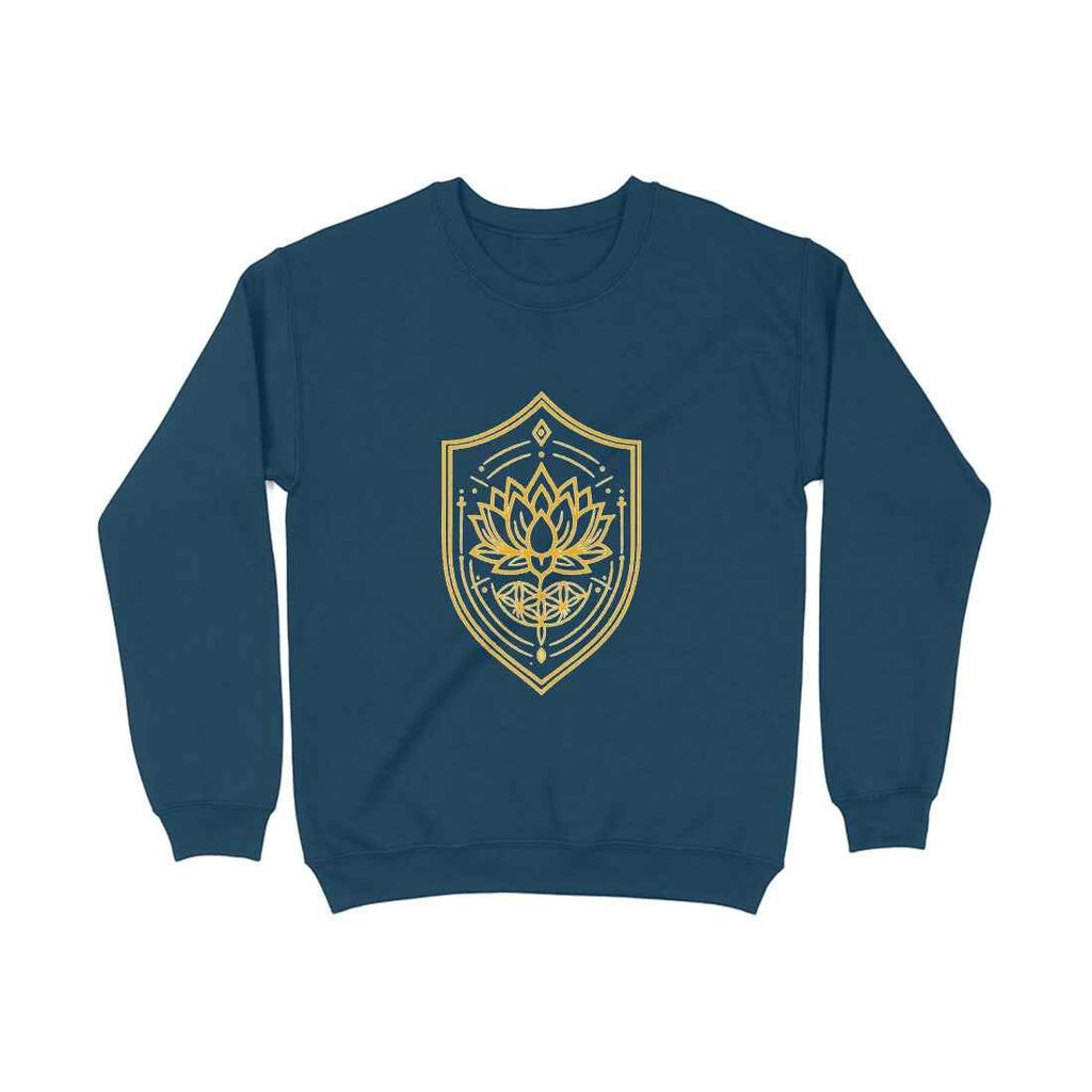 VVID - Navy blue cotton blend sweatshirt with gold lotus crest shield graphic. Unisex fit.