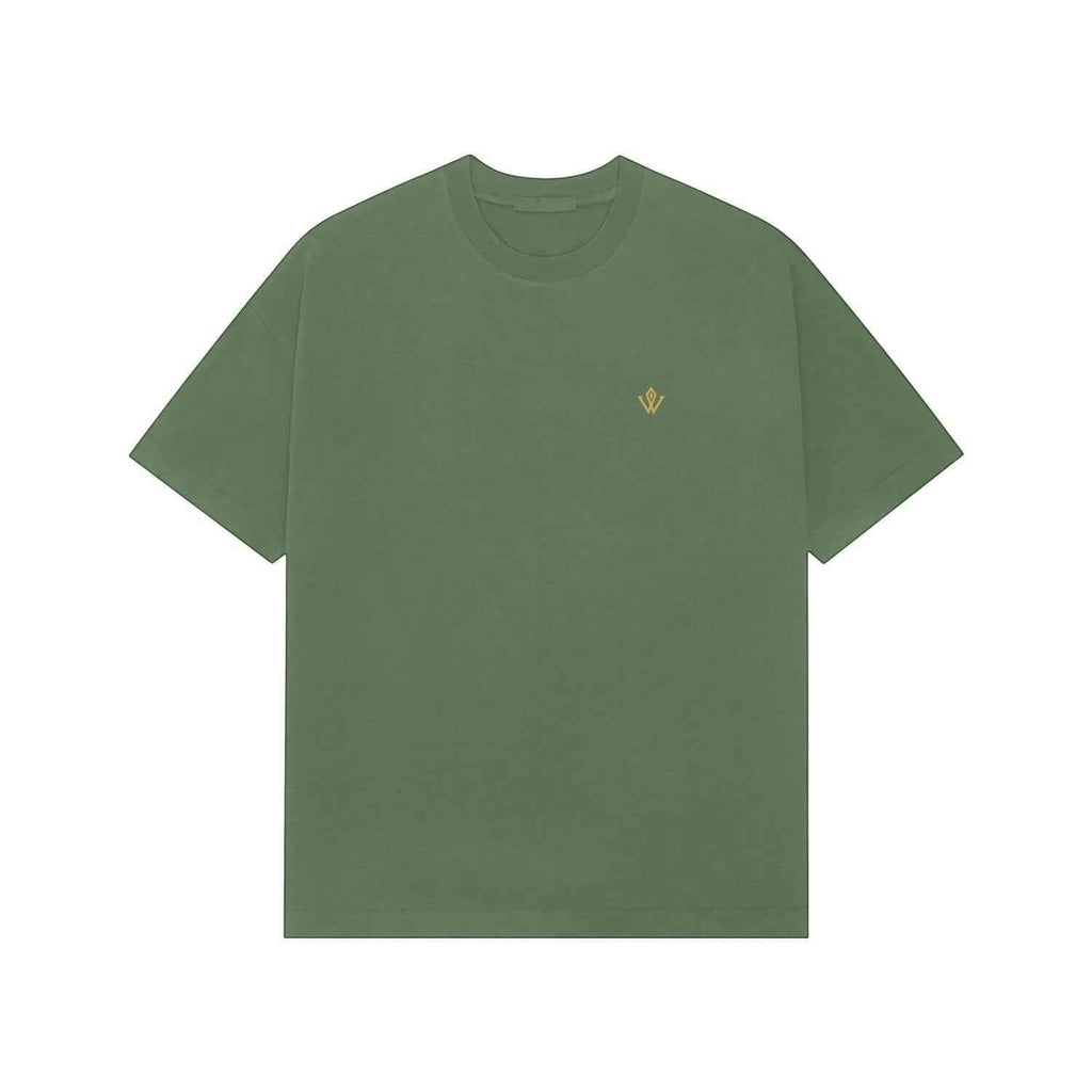 VVID Essential Oversized Tee in olive green cotton with embroidered gold logo on chest.